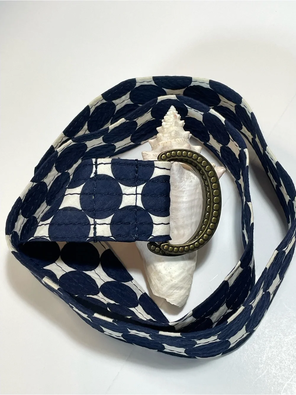 J. Crew Navy and White Polka Dot Fabric Belt with Brass D-Ring - Picture 2 of 9